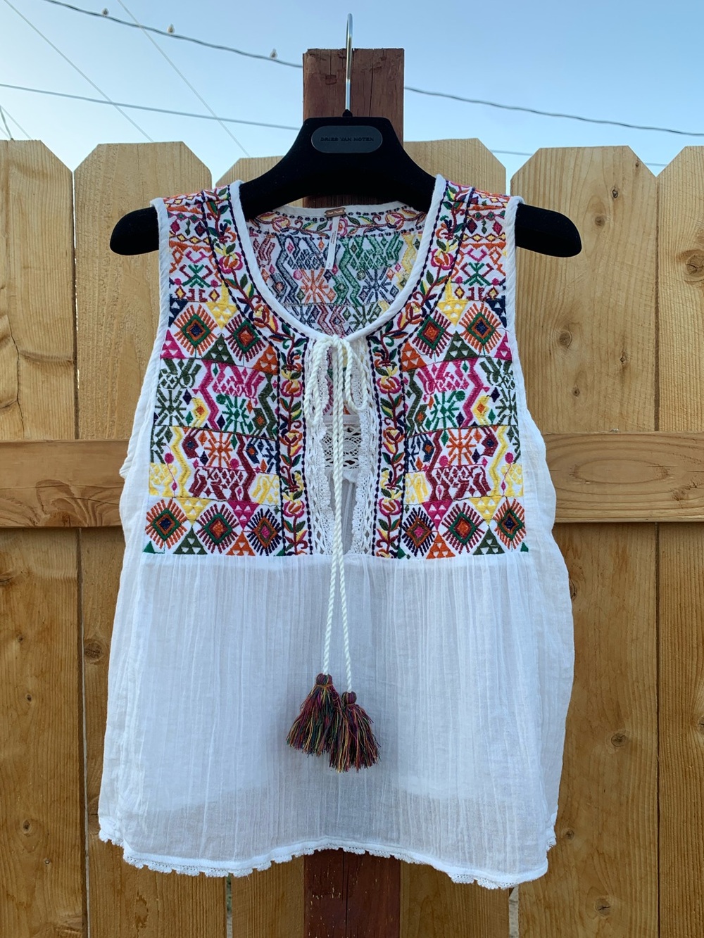 Free People Embroidered Boho Top White Cotton Gauze with Tasseled Ties
